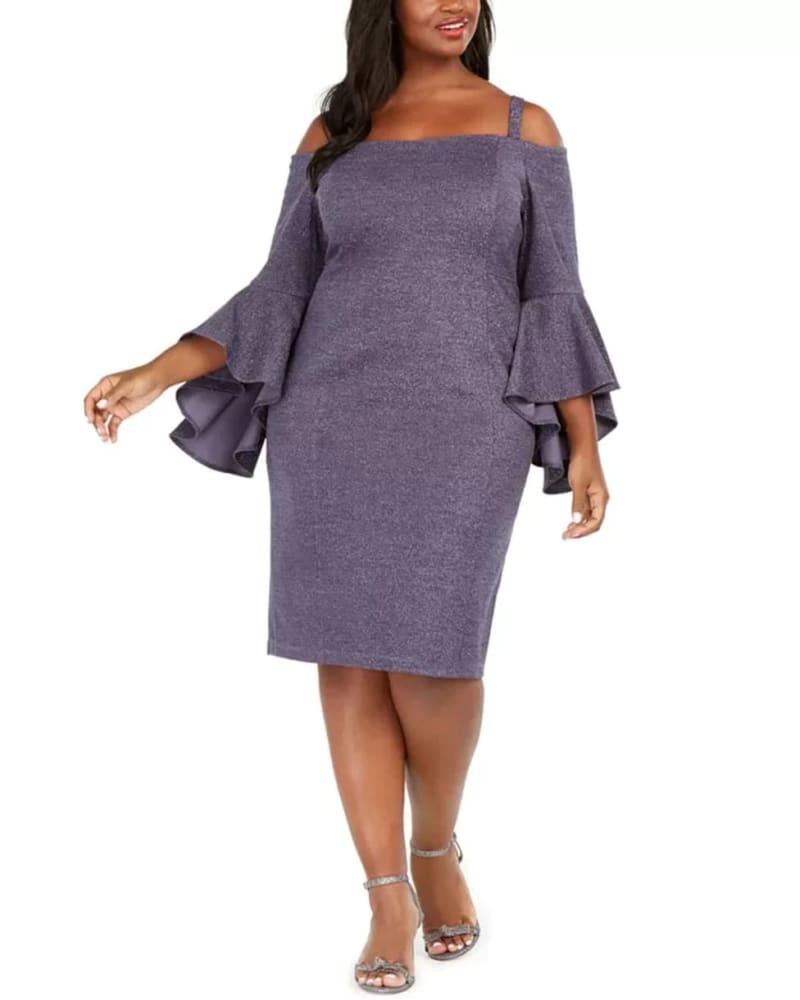 Front of a model wearing a size 18W R & M Richards Women's Plus Size Off-The-Shoulder Metallic Sheath Dress Navy Size 18W AVER in Blue by R & M Richards. | dia_product_style_image_id:313456